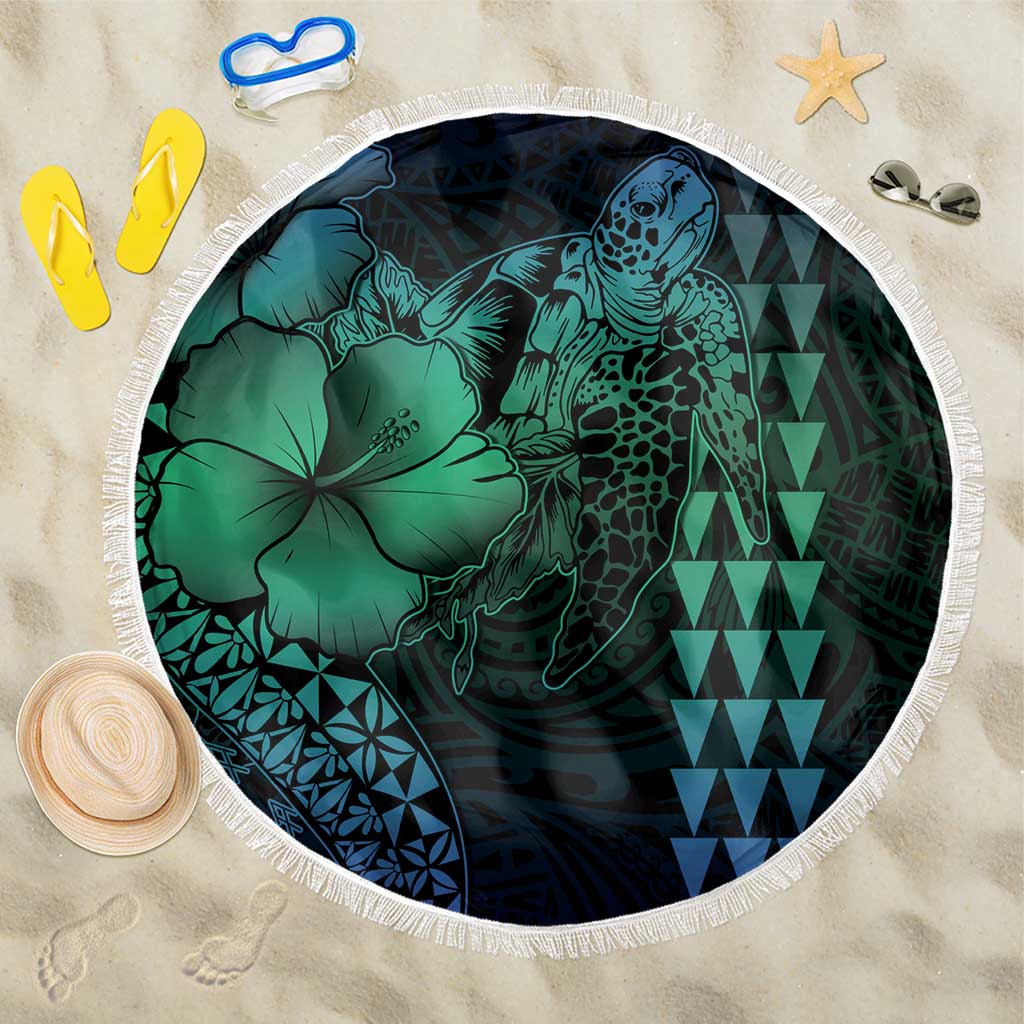 Hawaiian Sea Turtle Beach Blanket Blue Hibiscus Flowers and Kakau Pattern LT9 One Size 150cm Blue - Polynesian Pride