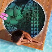 Hawaiian Sea Turtle Beach Blanket Blue Hibiscus Flowers and Kakau Pattern LT9 - Polynesian Pride