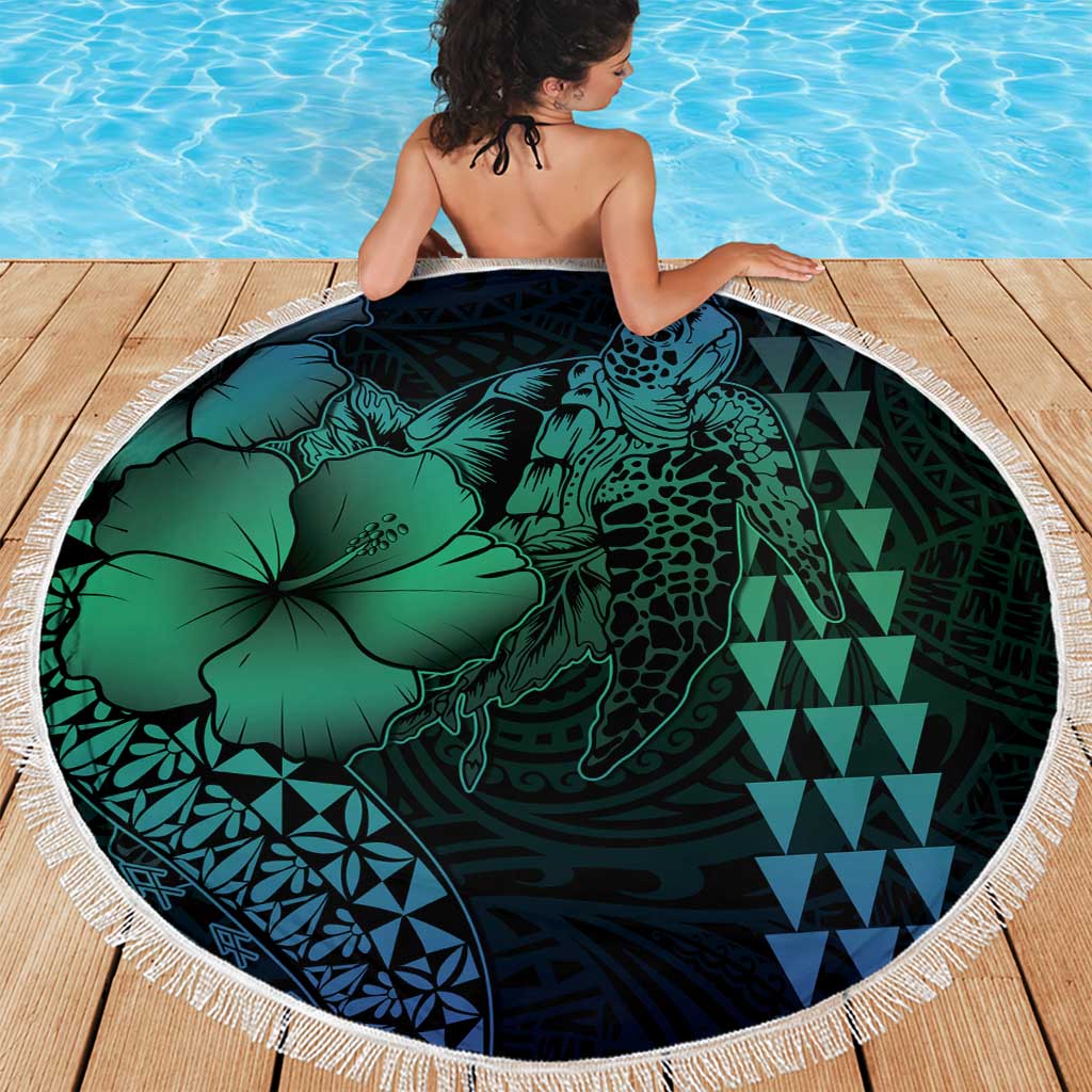 Hawaiian Sea Turtle Beach Blanket Blue Hibiscus Flowers and Kakau Pattern LT9 - Polynesian Pride