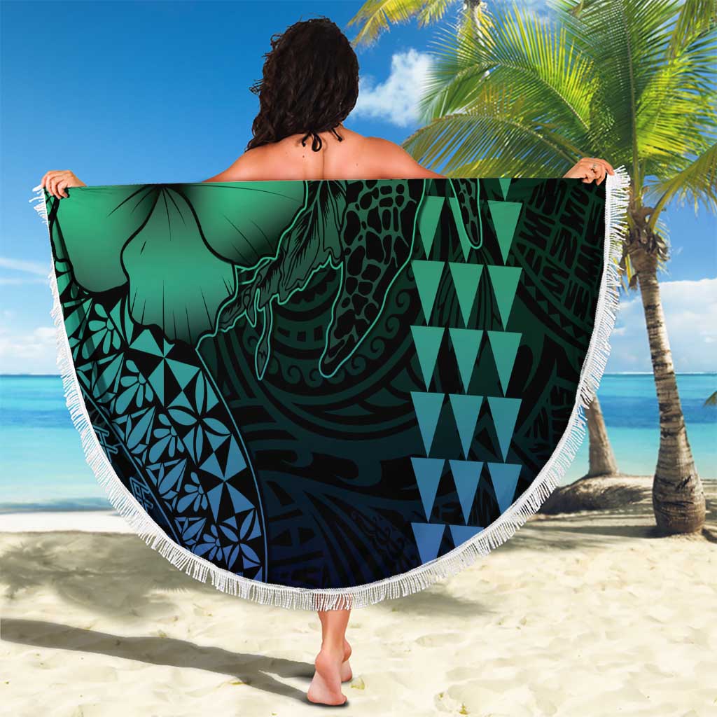 Hawaiian Sea Turtle Beach Blanket Blue Hibiscus Flowers and Kakau Pattern LT9 - Polynesian Pride