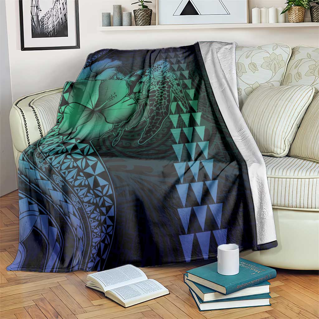 Hawaiian Sea Turtle Blanket Blue Hibiscus Flowers and Kakau Pattern LT9 Blue - Polynesian Pride