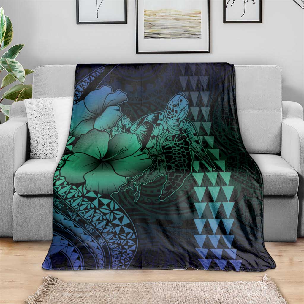 Hawaiian Sea Turtle Blanket Blue Hibiscus Flowers and Kakau Pattern LT9 - Polynesian Pride