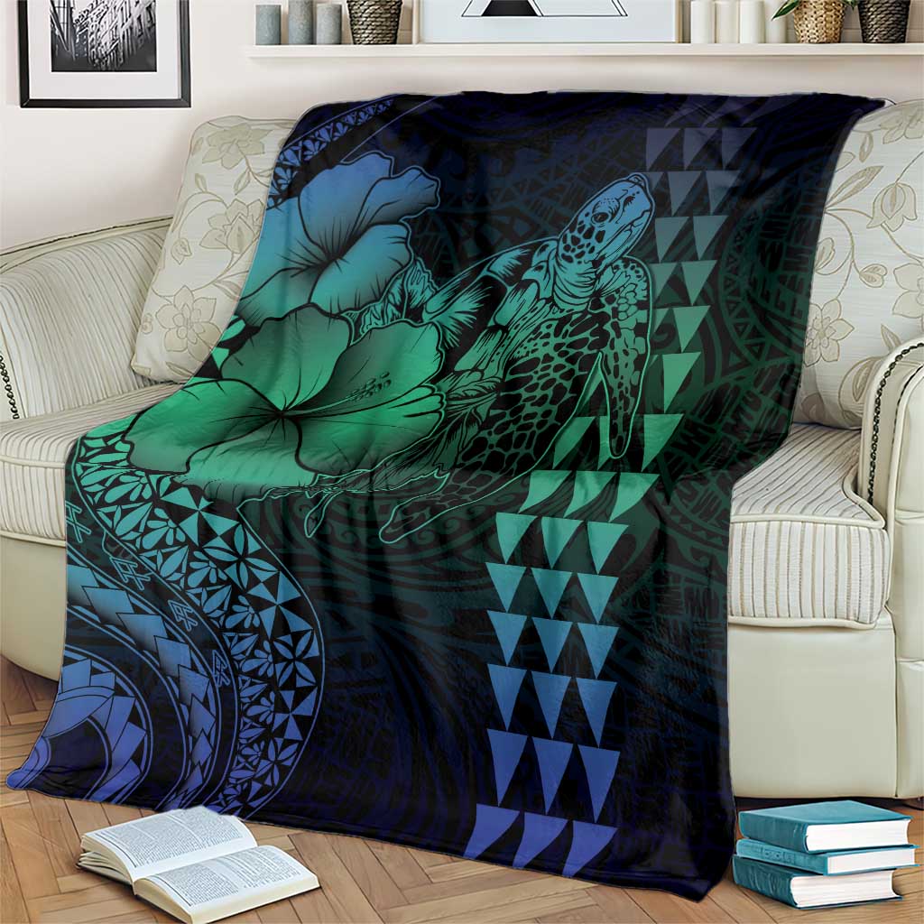 Hawaiian Sea Turtle Blanket Blue Hibiscus Flowers and Kakau Pattern LT9 - Polynesian Pride