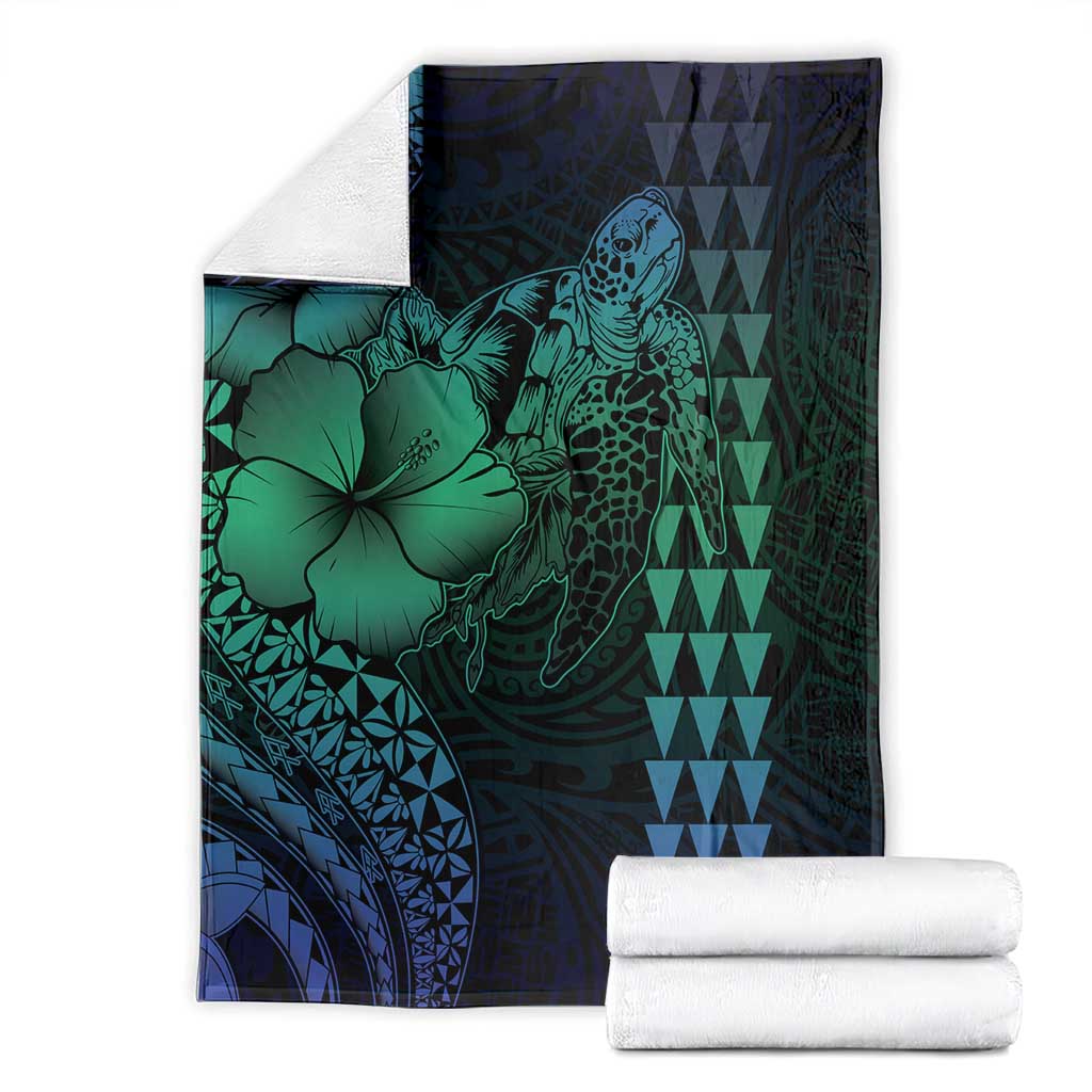 Hawaiian Sea Turtle Blanket Blue Hibiscus Flowers and Kakau Pattern LT9 - Polynesian Pride