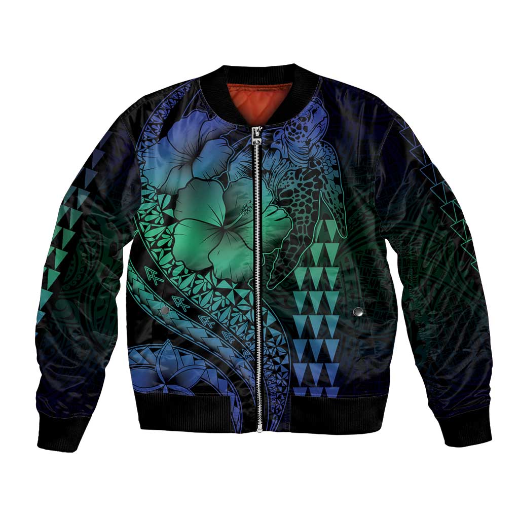 Hawaiian Sea Turtle Bomber Jacket Blue Hibiscus Flowers and Kakau Pattern LT9 Unisex Blue - Polynesian Pride