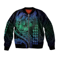 Hawaiian Sea Turtle Bomber Jacket Blue Hibiscus Flowers and Kakau Pattern LT9 Unisex Blue - Polynesian Pride