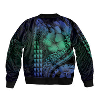 Hawaiian Sea Turtle Bomber Jacket Blue Hibiscus Flowers and Kakau Pattern LT9 - Polynesian Pride