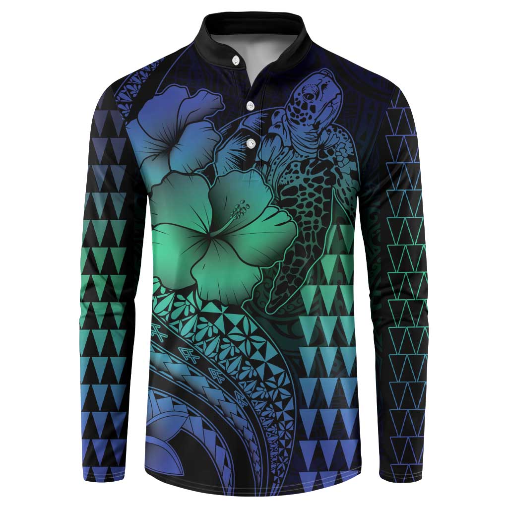 Hawaiian Sea Turtle Button Sweatshirt Blue Hibiscus Flowers and Kakau Pattern LT9 Blue - Polynesian Pride