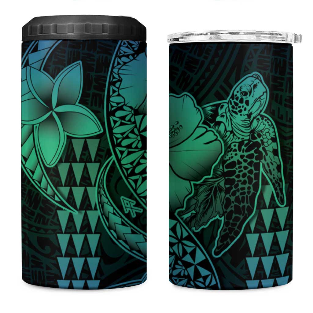 Hawaiian Sea Turtle 4 in 1 Can Cooler Tumbler Blue Hibiscus Flowers and Kakau Pattern LT9 One Size: 16 oz Blue - Polynesian Pride