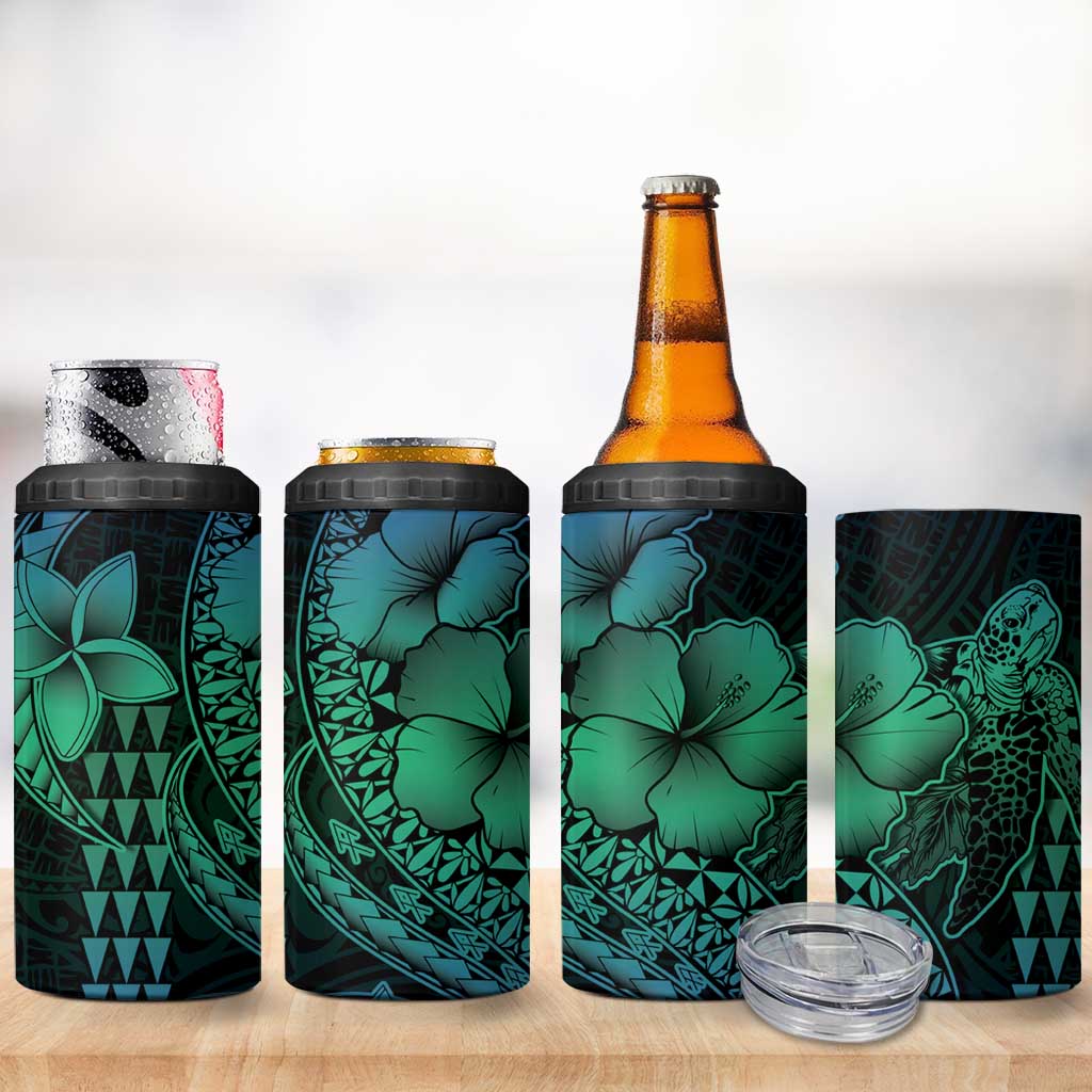 Hawaiian Sea Turtle 4 in 1 Can Cooler Tumbler Blue Hibiscus Flowers and Kakau Pattern LT9 - Polynesian Pride