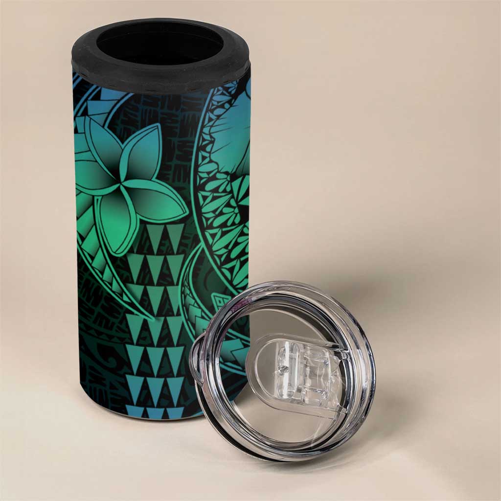 Hawaiian Sea Turtle 4 in 1 Can Cooler Tumbler Blue Hibiscus Flowers and Kakau Pattern LT9 - Polynesian Pride