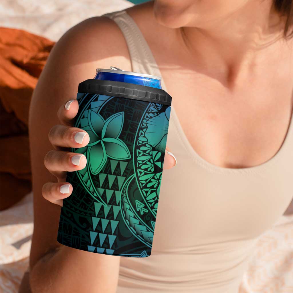Hawaiian Sea Turtle 4 in 1 Can Cooler Tumbler Blue Hibiscus Flowers and Kakau Pattern LT9 - Polynesian Pride