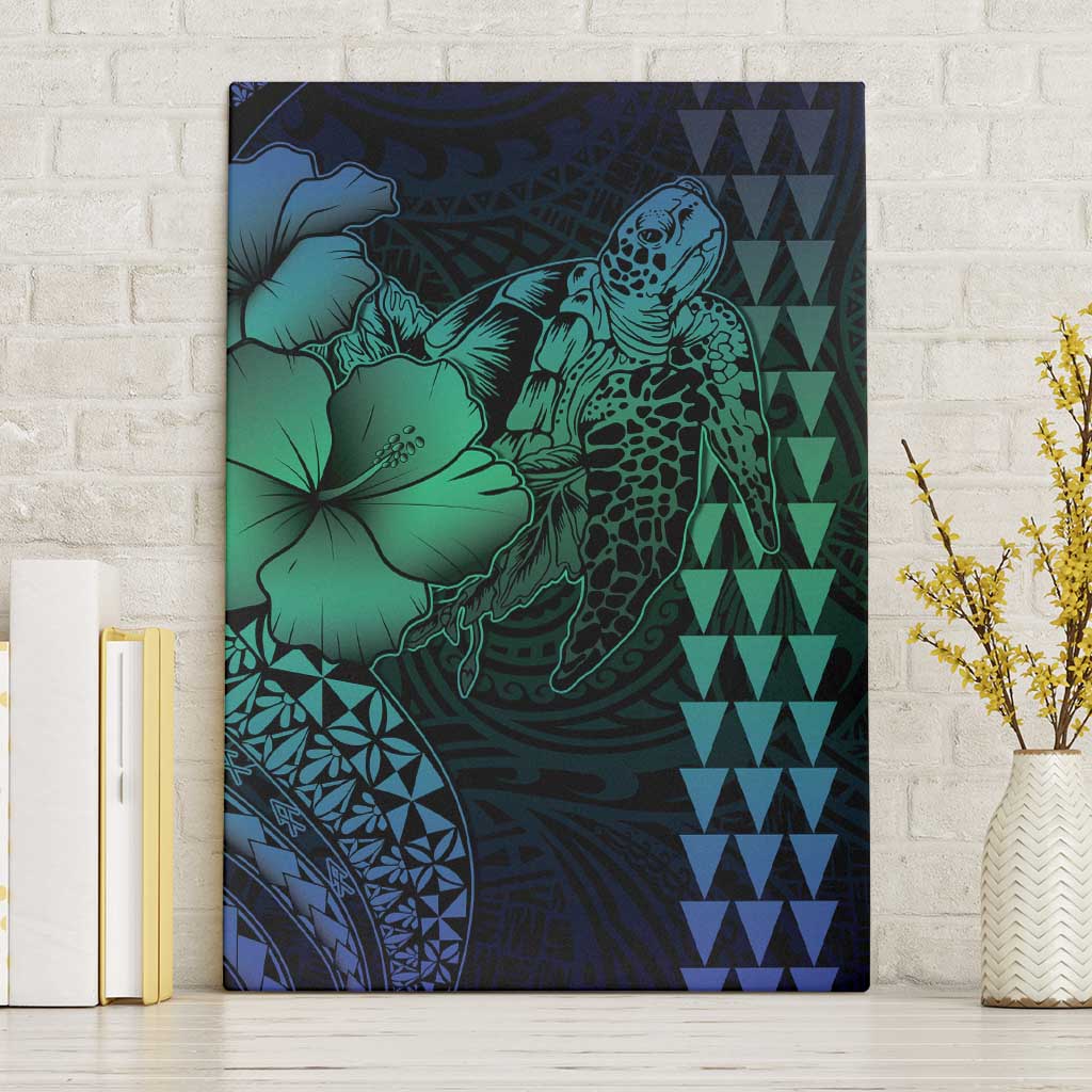 Hawaiian Sea Turtle Canvas Wall Art Blue Hibiscus Flowers and Kakau Pattern LT9 Without Frame Blue - Polynesian Pride