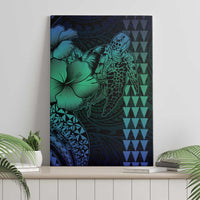 Hawaiian Sea Turtle Canvas Wall Art Blue Hibiscus Flowers and Kakau Pattern LT9 - Polynesian Pride