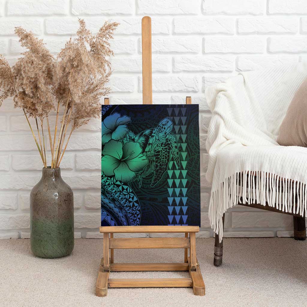 Hawaiian Sea Turtle Canvas Wall Art Blue Hibiscus Flowers and Kakau Pattern LT9 - Polynesian Pride