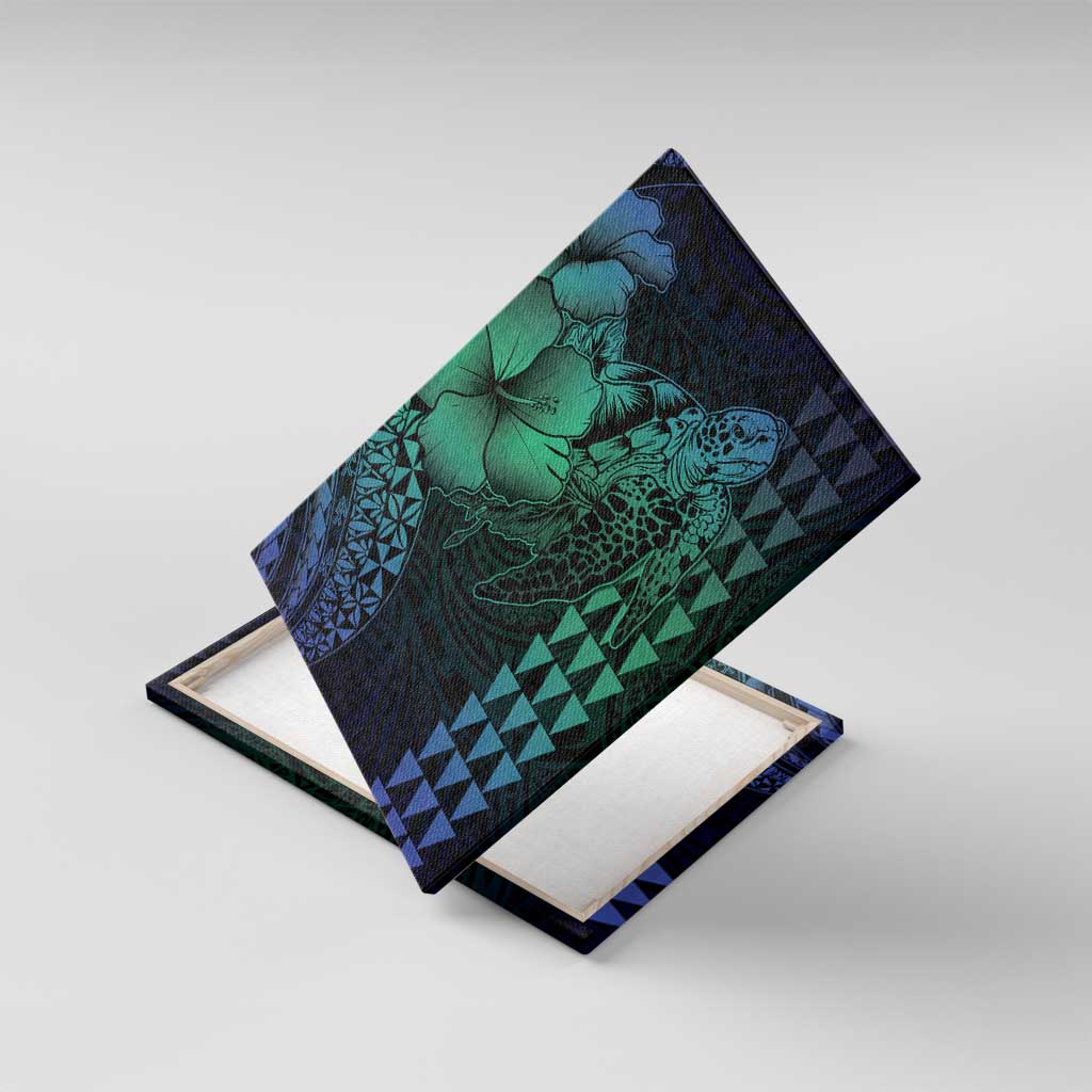 Hawaiian Sea Turtle Canvas Wall Art Blue Hibiscus Flowers and Kakau Pattern LT9 With Frame Blue - Polynesian Pride