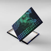 Hawaiian Sea Turtle Canvas Wall Art Blue Hibiscus Flowers and Kakau Pattern LT9 With Frame Blue - Polynesian Pride