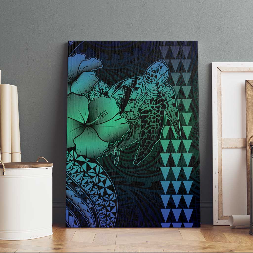 Hawaiian Sea Turtle Canvas Wall Art Blue Hibiscus Flowers and Kakau Pattern LT9 - Polynesian Pride
