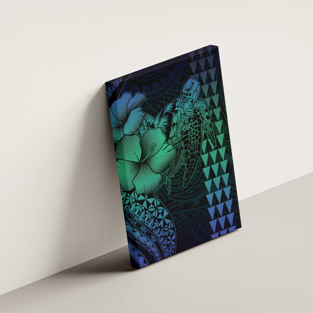 Hawaiian Sea Turtle Canvas Wall Art Blue Hibiscus Flowers and Kakau Pattern LT9 - Polynesian Pride