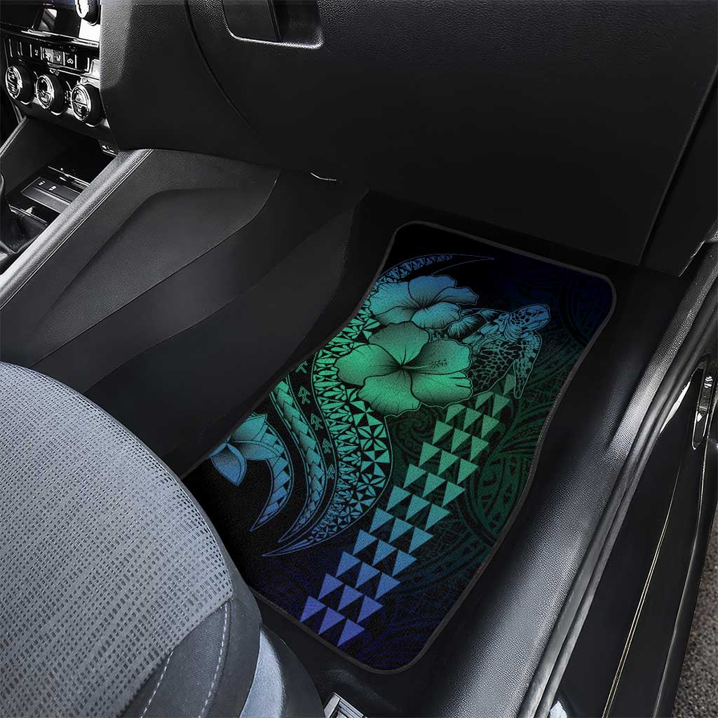 Hawaiian Sea Turtle Car Mats Blue Hibiscus Flowers and Kakau Pattern LT9 - Polynesian Pride