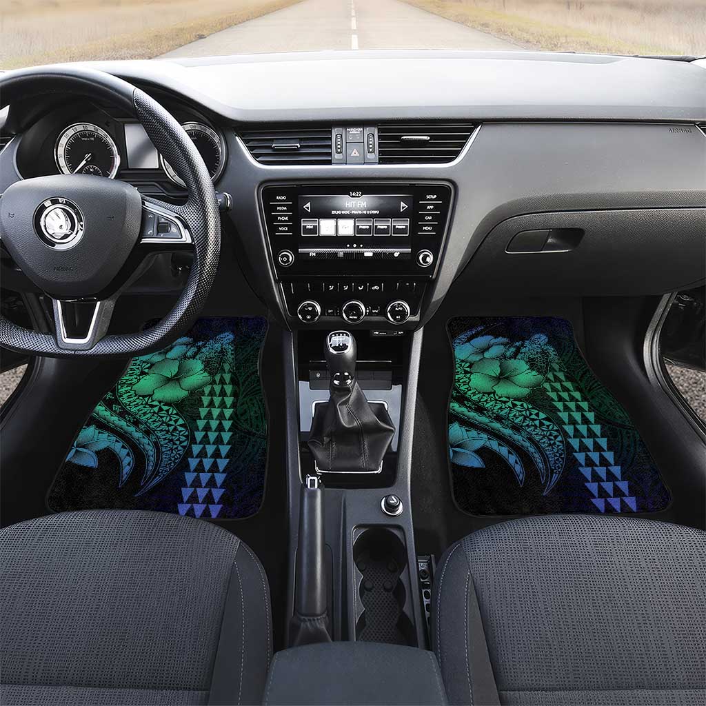 Hawaiian Sea Turtle Car Mats Blue Hibiscus Flowers and Kakau Pattern LT9 Set 2pcs - Front Blue - Polynesian Pride