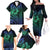 Hawaiian Sea Turtle Family Matching Off The Shoulder Long Sleeve Dress and Hawaiian Shirt Blue Hibiscus Flowers and Kakau Pattern