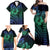 Hawaiian Sea Turtle Family Matching Off Shoulder Maxi Dress and Hawaiian Shirt Blue Hibiscus Flowers and Kakau Pattern