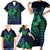 Hawaiian Sea Turtle Family Matching Short Sleeve Bodycon Dress and Hawaiian Shirt Blue Hibiscus Flowers and Kakau Pattern