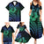 Hawaiian Sea Turtle Family Matching Summer Maxi Dress and Hawaiian Shirt Blue Hibiscus Flowers and Kakau Pattern