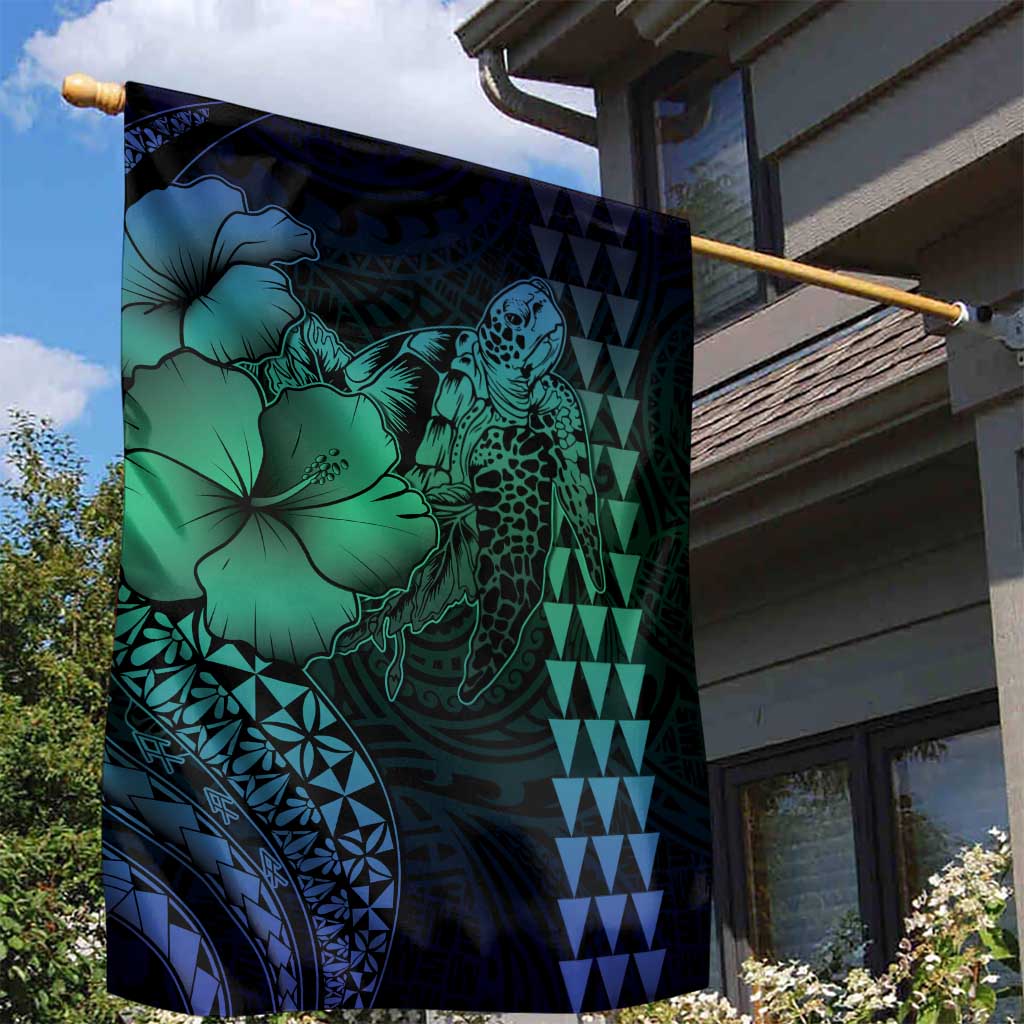 Hawaiian Sea Turtle Garden Flag Blue Hibiscus Flowers and Kakau Pattern LT9 - Polynesian Pride