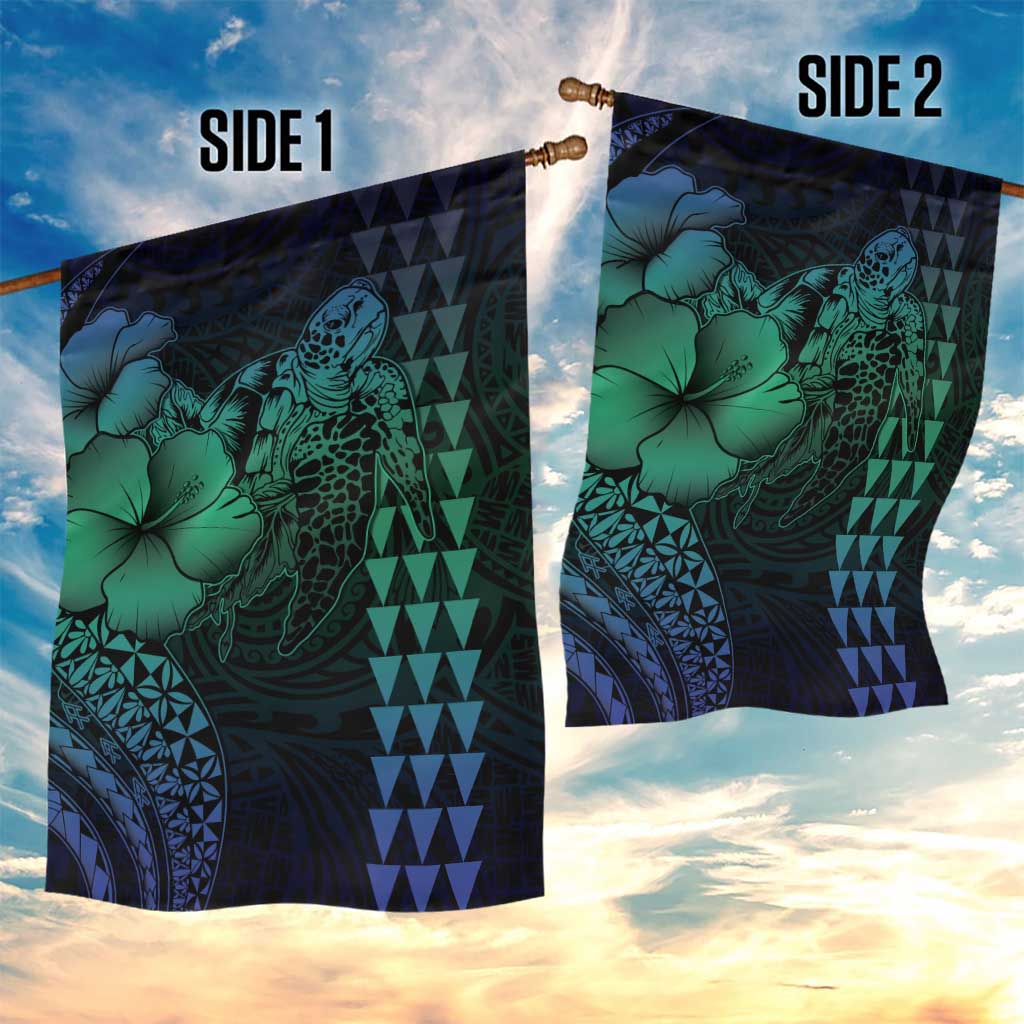 Hawaiian Sea Turtle Garden Flag Blue Hibiscus Flowers and Kakau Pattern LT9 - Polynesian Pride