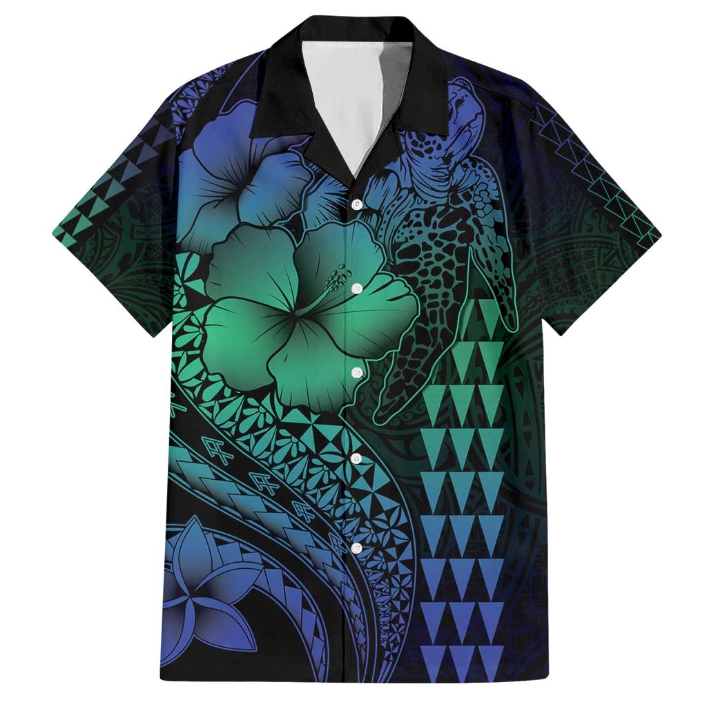 Hawaiian Sea Turtle Hawaiian Shirt Blue Hibiscus Flowers and Kakau Pattern LT9 Blue - Polynesian Pride
