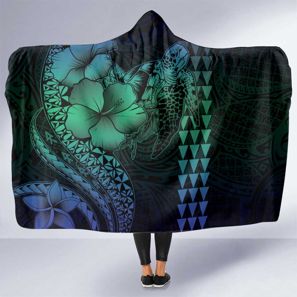 Hawaiian Sea Turtle Hooded Blanket Blue Hibiscus Flowers and Kakau Pattern LT9 One Size Blue - Polynesian Pride