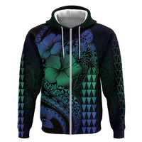 Hawaiian Sea Turtle Hoodie Blue Hibiscus Flowers and Kakau Pattern LT9 Zip Hoodie Blue - Polynesian Pride