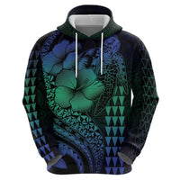 Hawaiian Sea Turtle Hoodie Blue Hibiscus Flowers and Kakau Pattern LT9 - Polynesian Pride