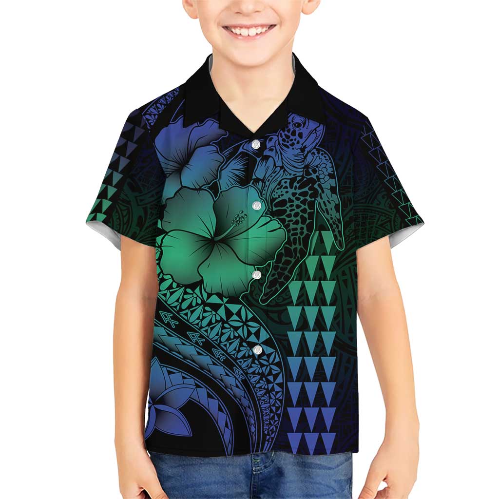 Hawaiian Sea Turtle Kid Hawaiian Shirt Blue Hibiscus Flowers and Kakau Pattern LT9 Kid Blue - Polynesian Pride