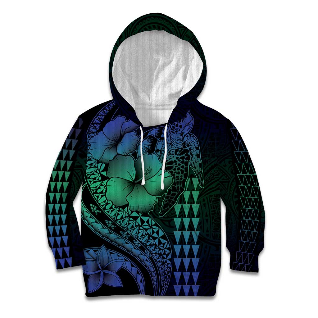 Hawaiian Sea Turtle Kid Hoodie Blue Hibiscus Flowers and Kakau Pattern LT9 Hoodie Blue - Polynesian Pride