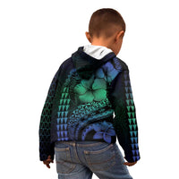 Hawaiian Sea Turtle Kid Hoodie Blue Hibiscus Flowers and Kakau Pattern LT9 - Polynesian Pride