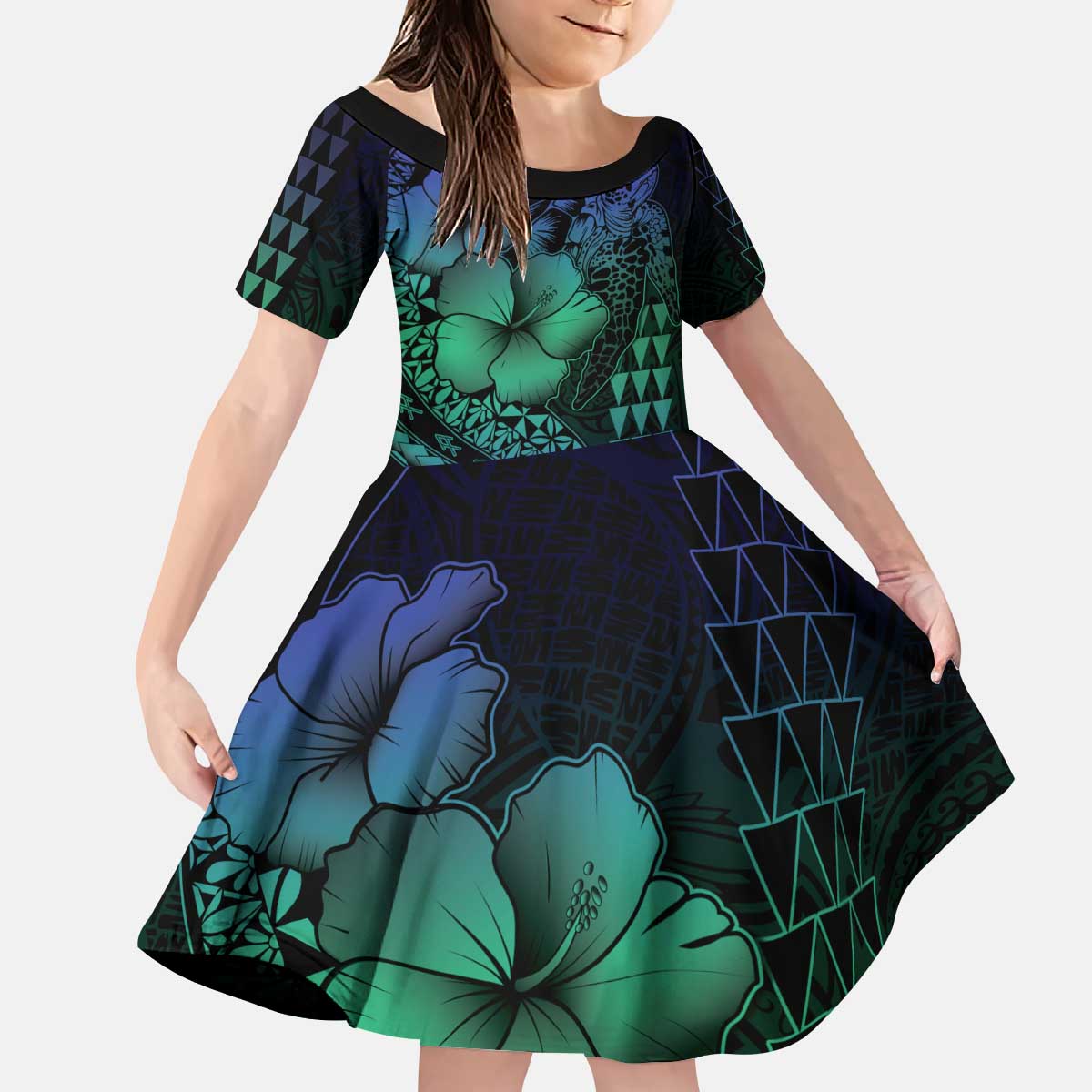 Hawaiian Sea Turtle Kid Short Sleeve Dress Blue Hibiscus Flowers and Kakau Pattern LT9 KID Blue - Polynesian Pride