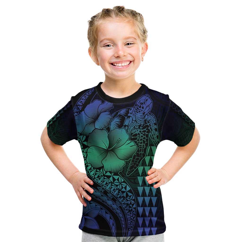 Hawaiian Sea Turtle Kid T Shirt Blue Hibiscus Flowers and Kakau Pattern LT9 Blue - Polynesian Pride