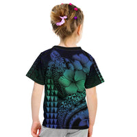 Hawaiian Sea Turtle Kid T Shirt Blue Hibiscus Flowers and Kakau Pattern LT9 - Polynesian Pride