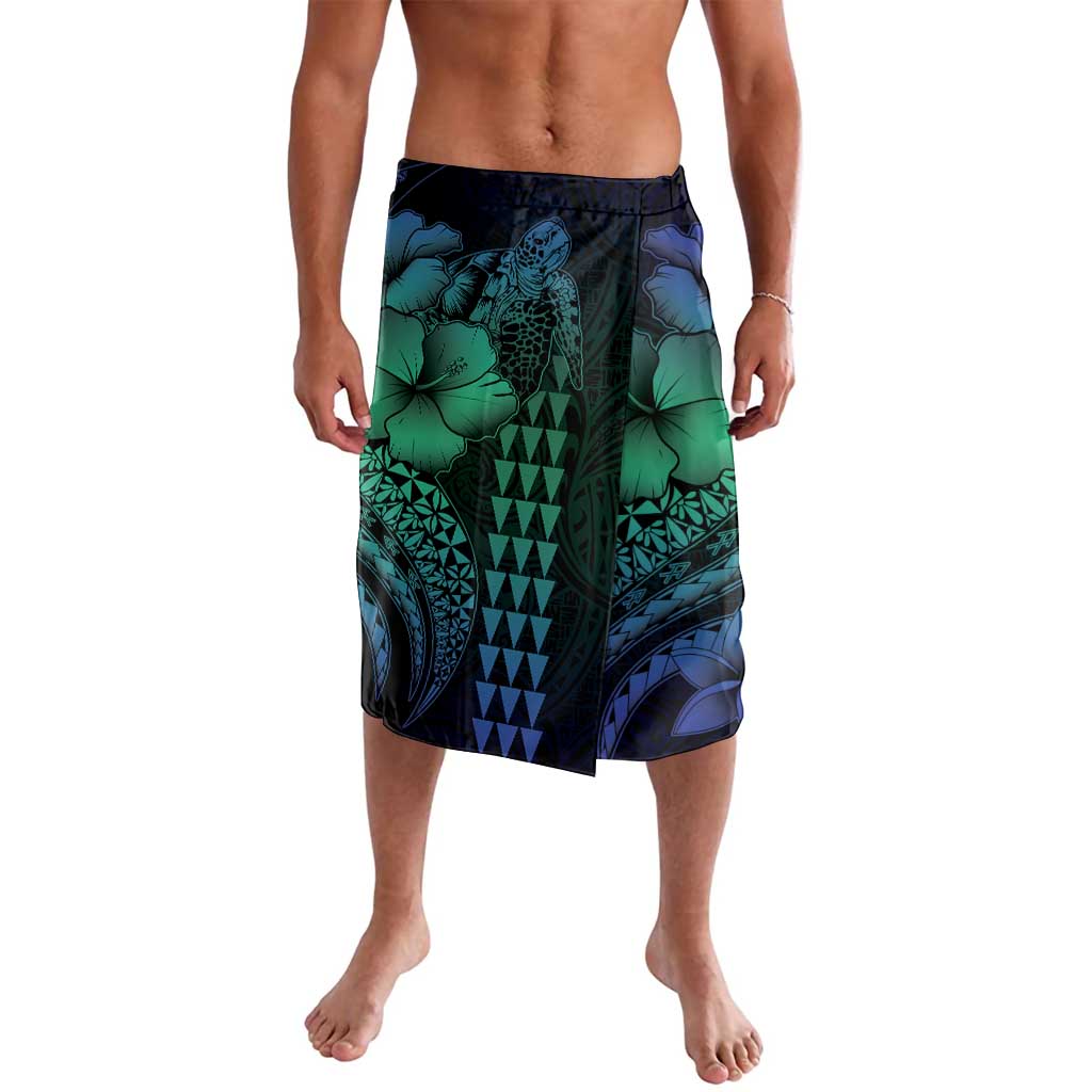 Hawaiian Sea Turtle Lavalava Blue Hibiscus Flowers and Kakau Pattern