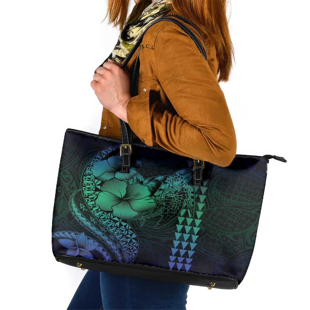 Hawaiian Sea Turtle Leather Tote Bag Blue Hibiscus Flowers and Kakau Pattern LT9 Blue - Polynesian Pride