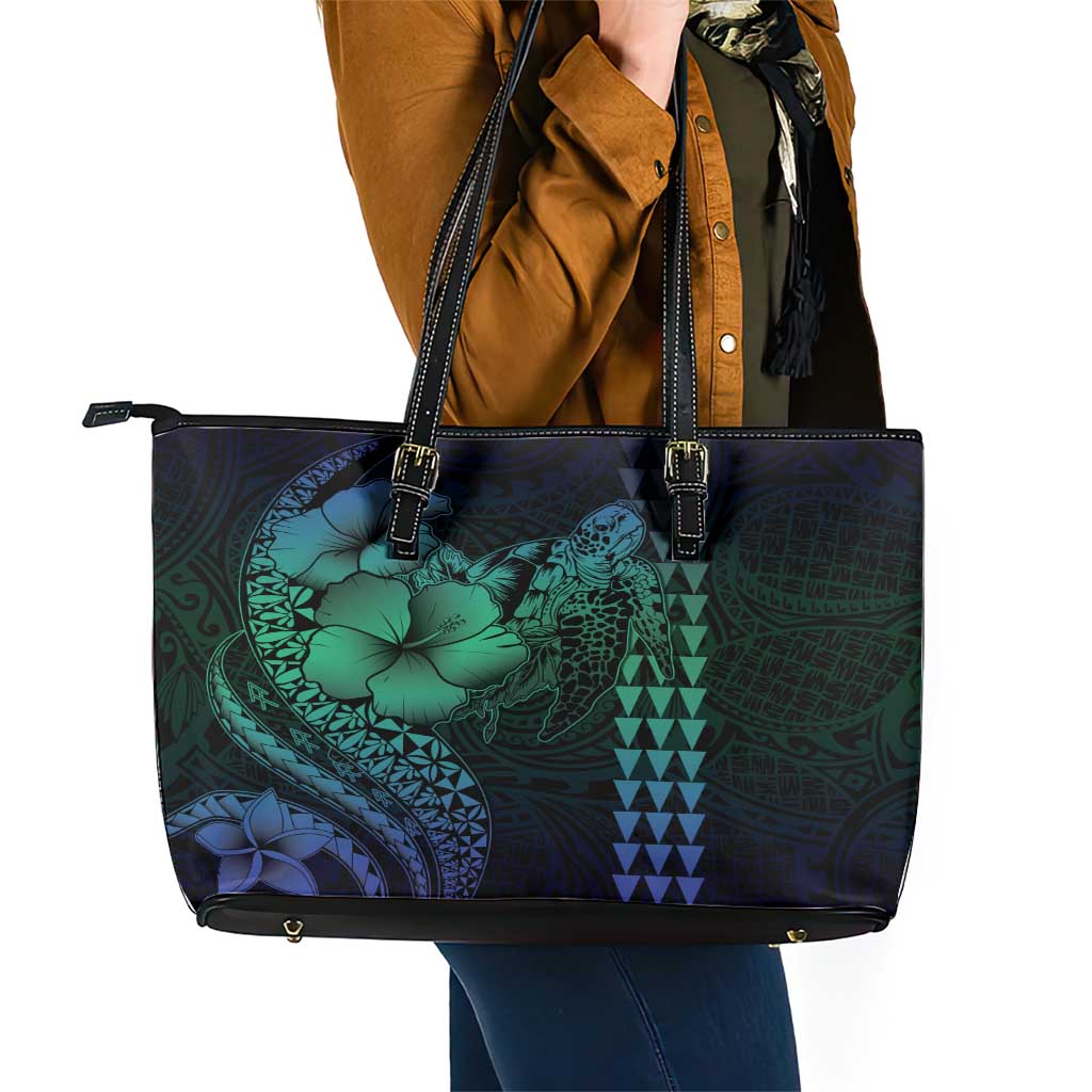 Hawaiian Sea Turtle Leather Tote Bag Blue Hibiscus Flowers and Kakau Pattern LT9 - Polynesian Pride