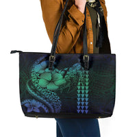Hawaiian Sea Turtle Leather Tote Bag Blue Hibiscus Flowers and Kakau Pattern LT9 - Polynesian Pride