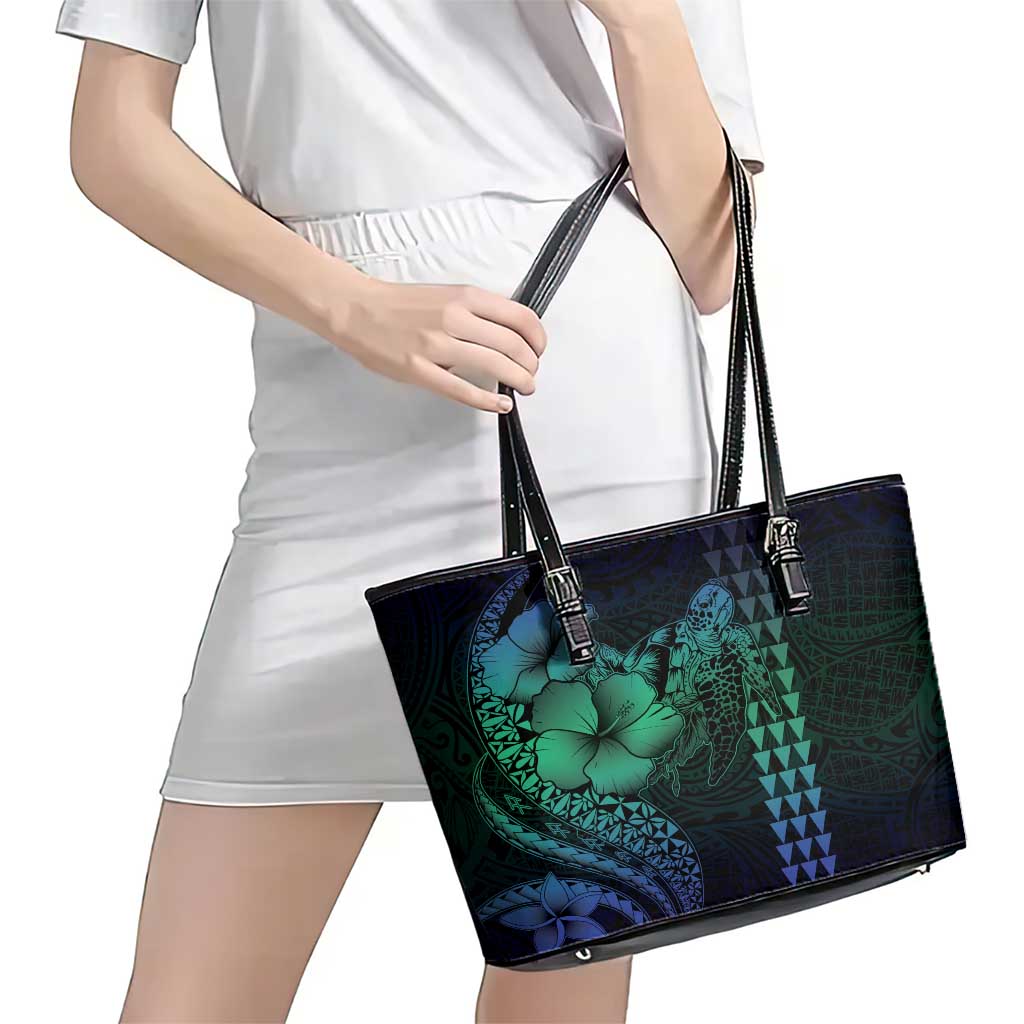 Hawaiian Sea Turtle Leather Tote Bag Blue Hibiscus Flowers and Kakau Pattern LT9 - Polynesian Pride