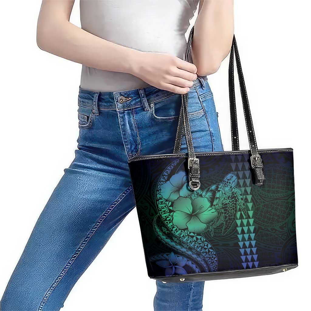 Hawaiian Sea Turtle Leather Tote Bag Blue Hibiscus Flowers and Kakau Pattern LT9 - Polynesian Pride