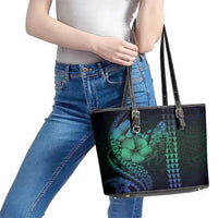 Hawaiian Sea Turtle Leather Tote Bag Blue Hibiscus Flowers and Kakau Pattern LT9 - Polynesian Pride