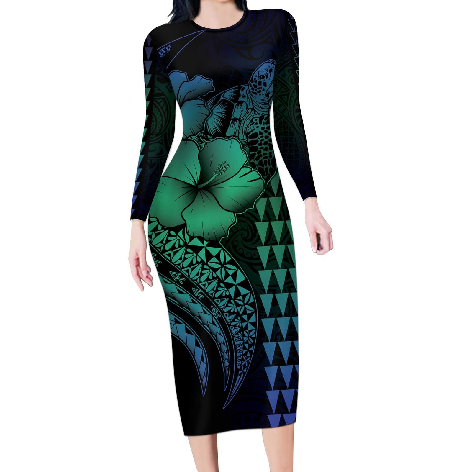 Hawaiian Sea Turtle Long Sleeve Bodycon Dress Blue Hibiscus Flowers and Kakau Pattern LT9 Long Dress Blue - Polynesian Pride