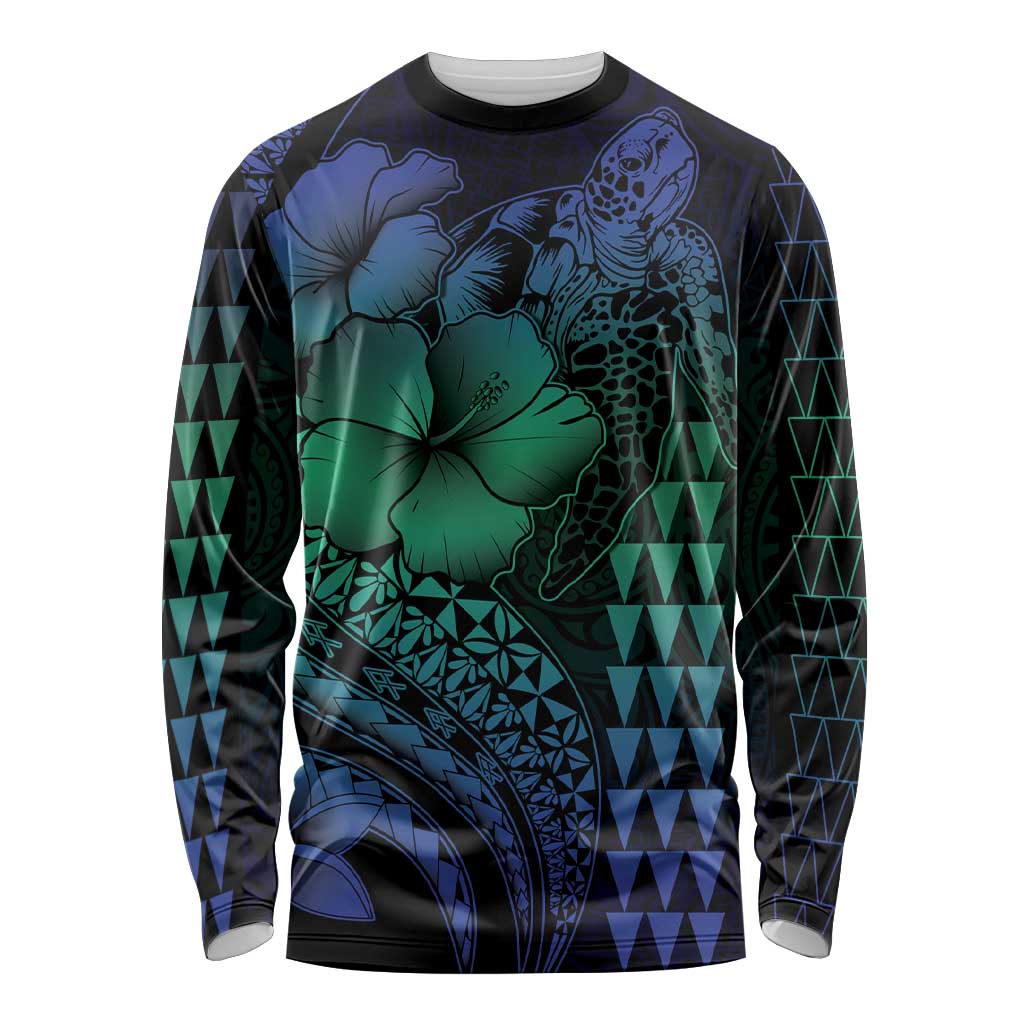Hawaiian Sea Turtle Long Sleeve Shirt Blue Hibiscus Flowers and Kakau Pattern LT9 Unisex Blue - Polynesian Pride